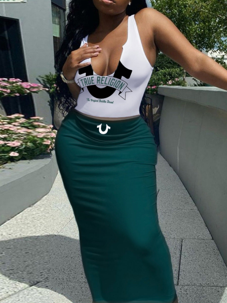 Summer Printed Vest Solid Slim Long Skirt Two-Piece set