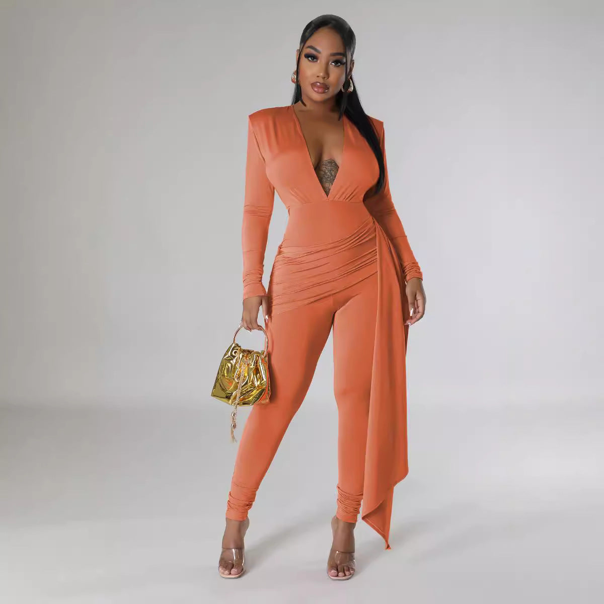 Women's Solid Color Sexy Deep V Neck Tight Fitting Long Sleeve Jumpsuit 7