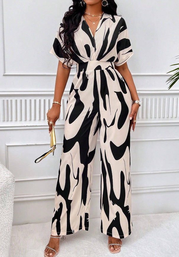 Women Print Bat Sleeves Wide Leg Jumpsuit