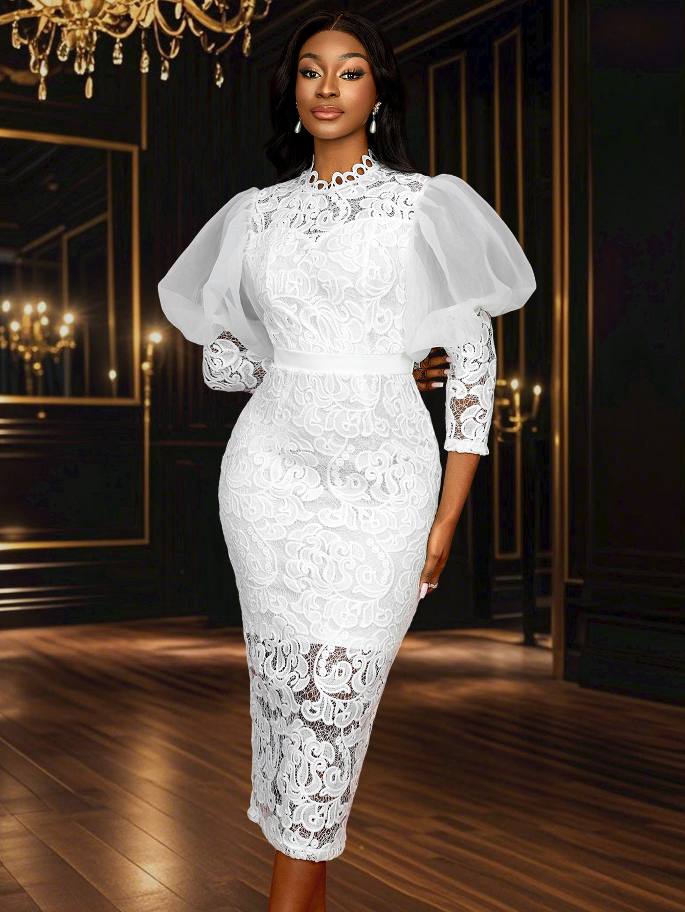 Lace Formal Party Puff-Sleeve Mid-Length Dress 3