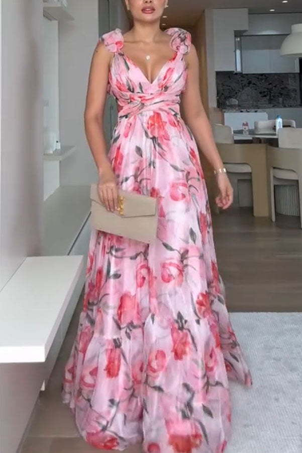 Spring/Summer Chiffon Ruffle Print Pleated Holiday Dress for Women 3