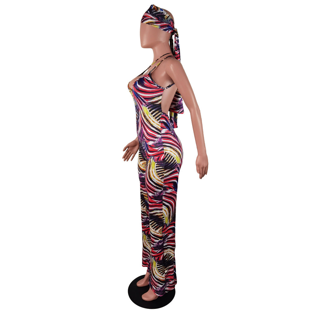 Women's Summer Sleeveless Straps Painted Print Low Back Long Jumpsuit With Bandana 10
