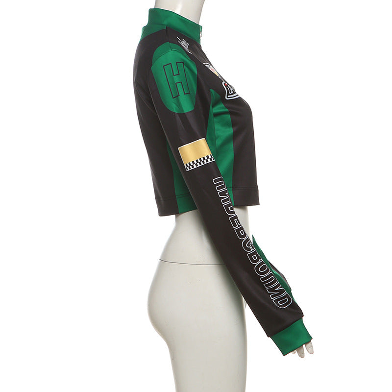 Women autumn and winter sexy American retro printed long-sleeved Crop baseball jacket 11