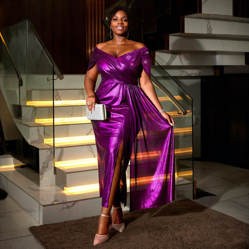 Women Off Shoulder V Neck Formal Party Pleated Small Sleeve Dresses 3