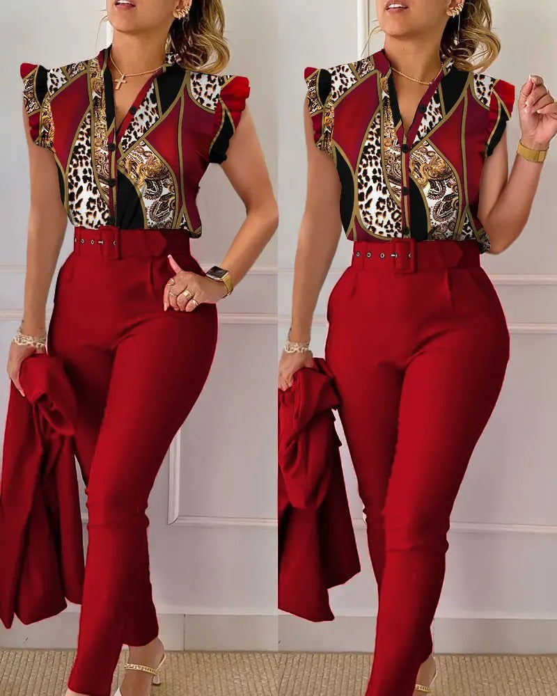 Stylish Printed Ruffle Sleeve Top Solid Color Pants Two Piece Set With Belt 23