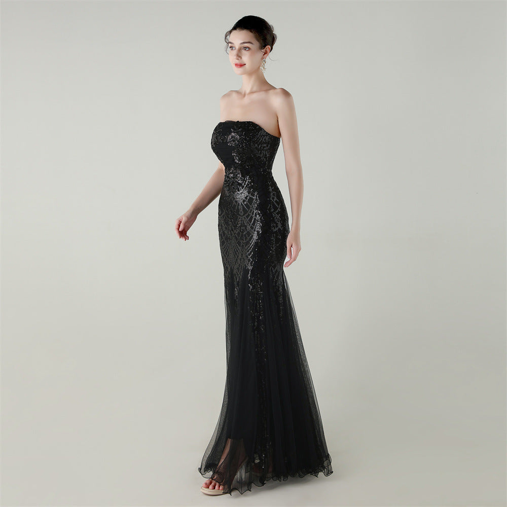 Women Strapless cross Lace-Up sequined tube flower sequined mesh evening dress Formal Party evening dress 59