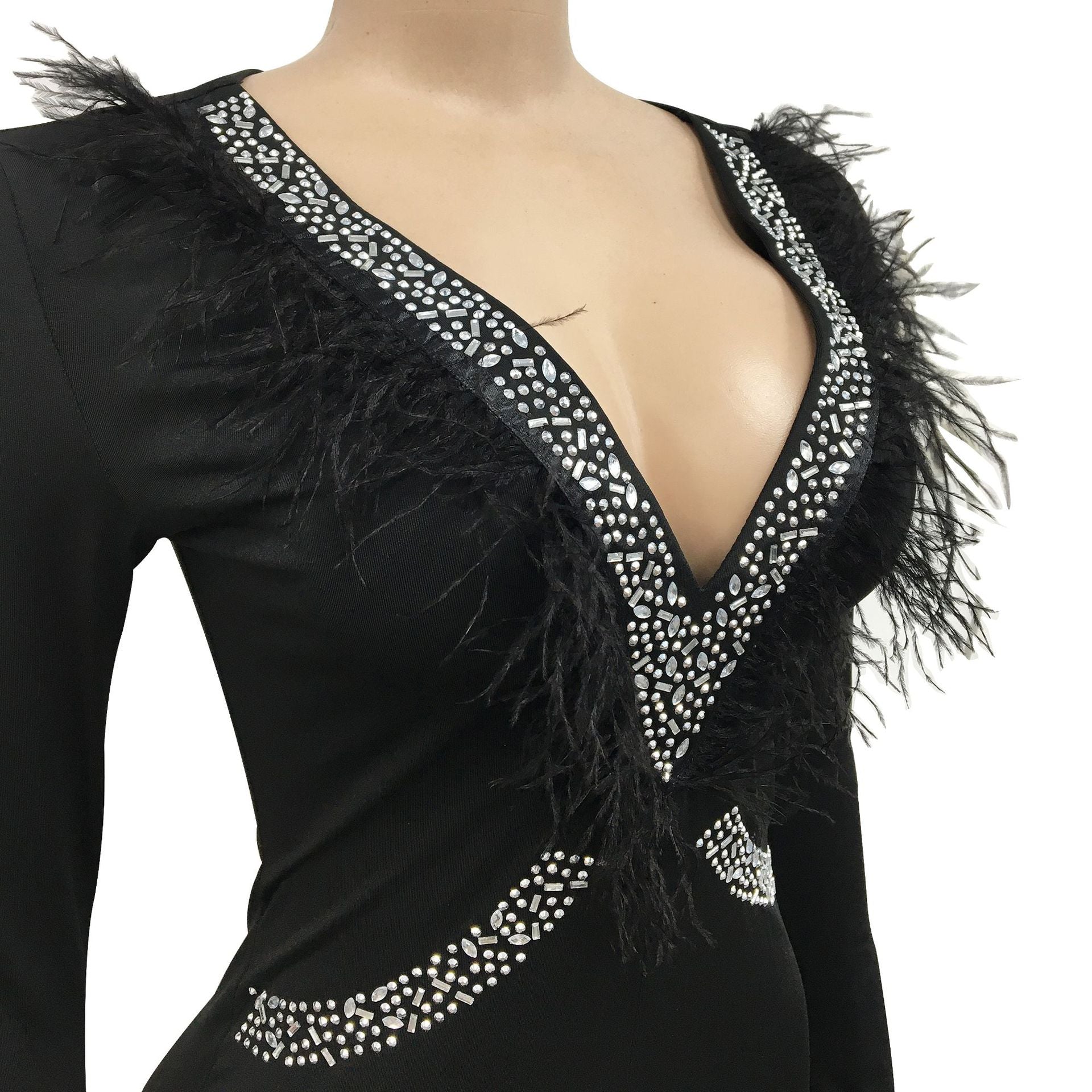 Women'S Fashion Feather Patchwork Beaded V-Neck Long Sleeve One Peice Trousers Sexy Ladies Jumpsuit 27