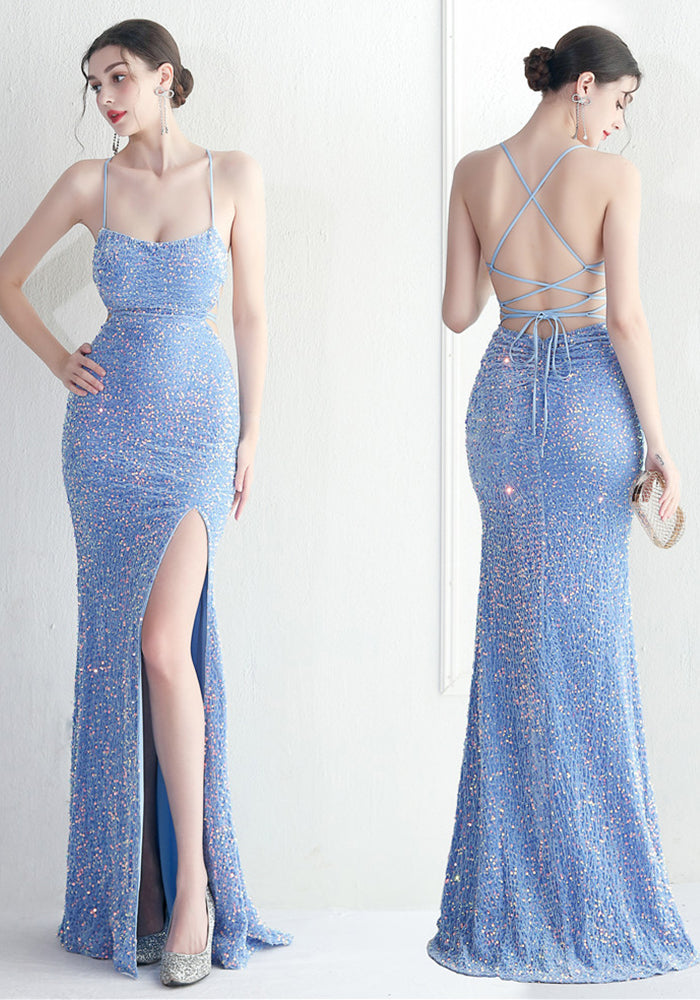 Women Sequined Halter Neck Halter Formal Party Maxi Mermaid Evening Dress