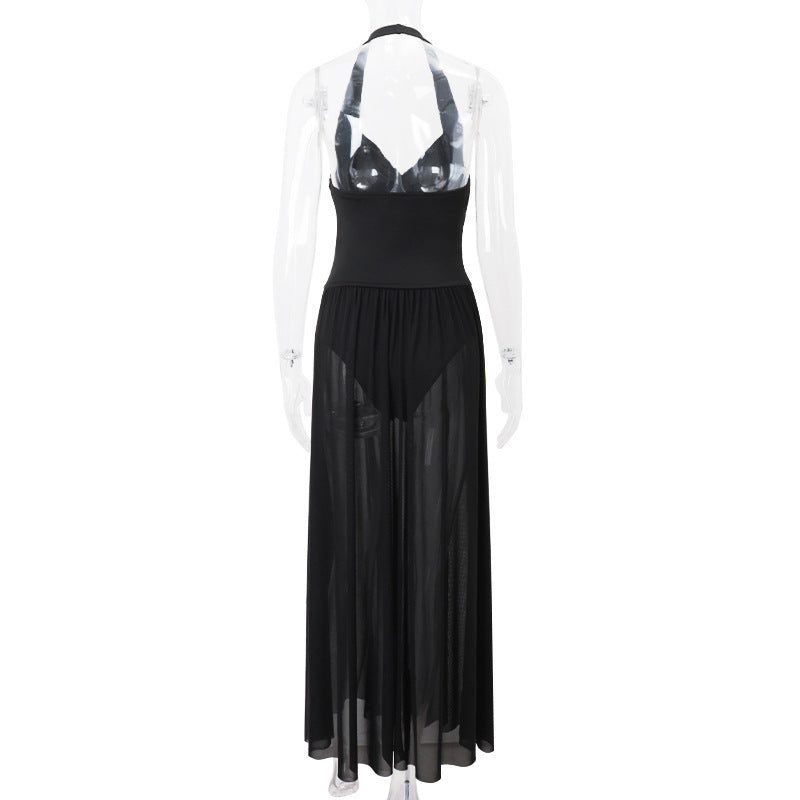 Women Spring Summer Sexy Mesh Patchwork Sleeveless Halter Neck Dress 7