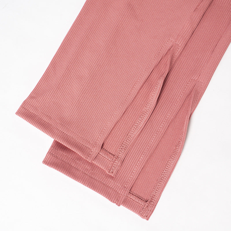 Women's Autumn and Winter Solid Color Tight Fitting Long Sleeve Top Slit Pants Casual Set 20