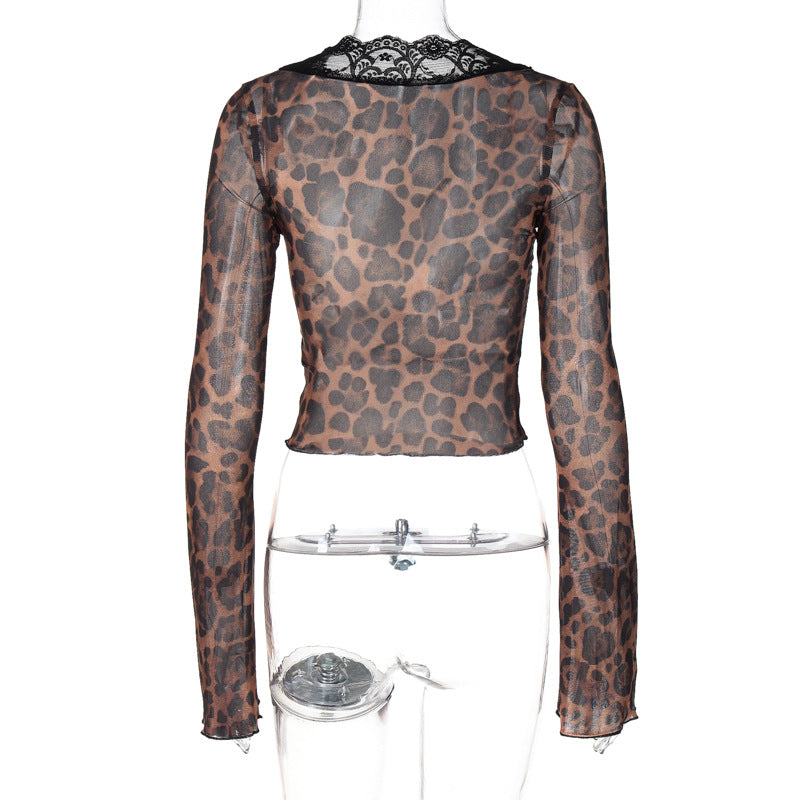 Women's Summer Fashion Print Sexy Mesh Lace Long Sleeve Top 10