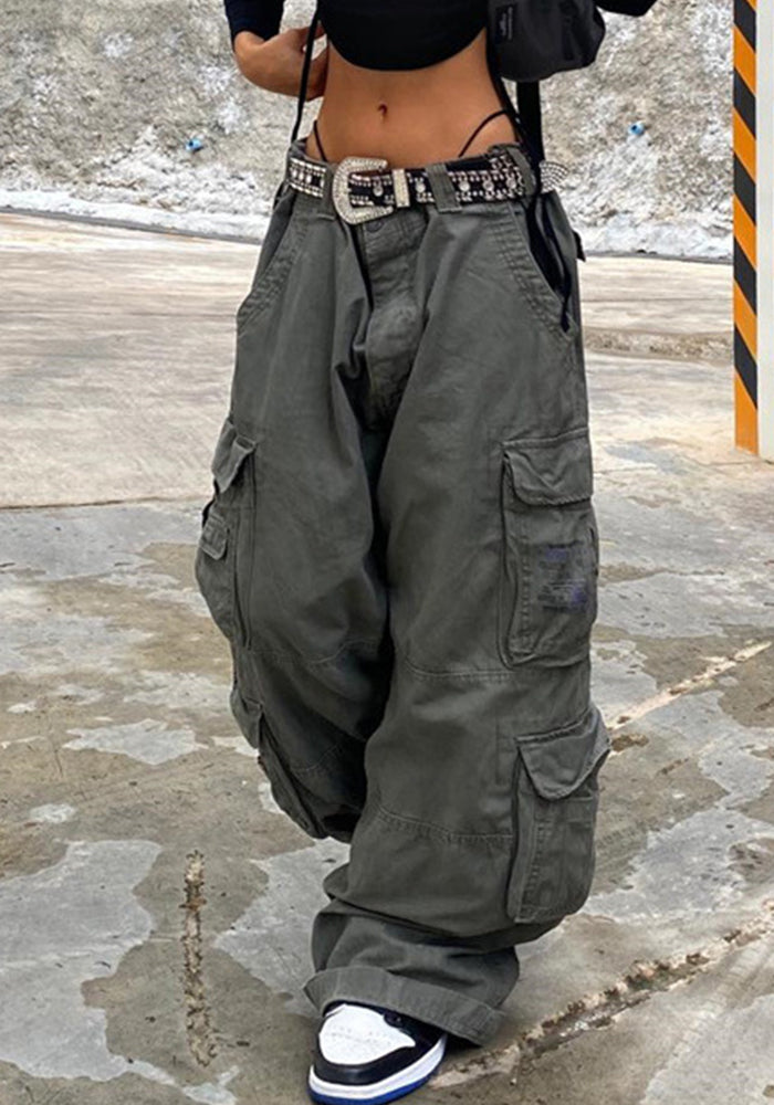 Casual Street Trend Woven Wide-Leg Casual Pants Multiple Pockets Design Cargo Pants For Women