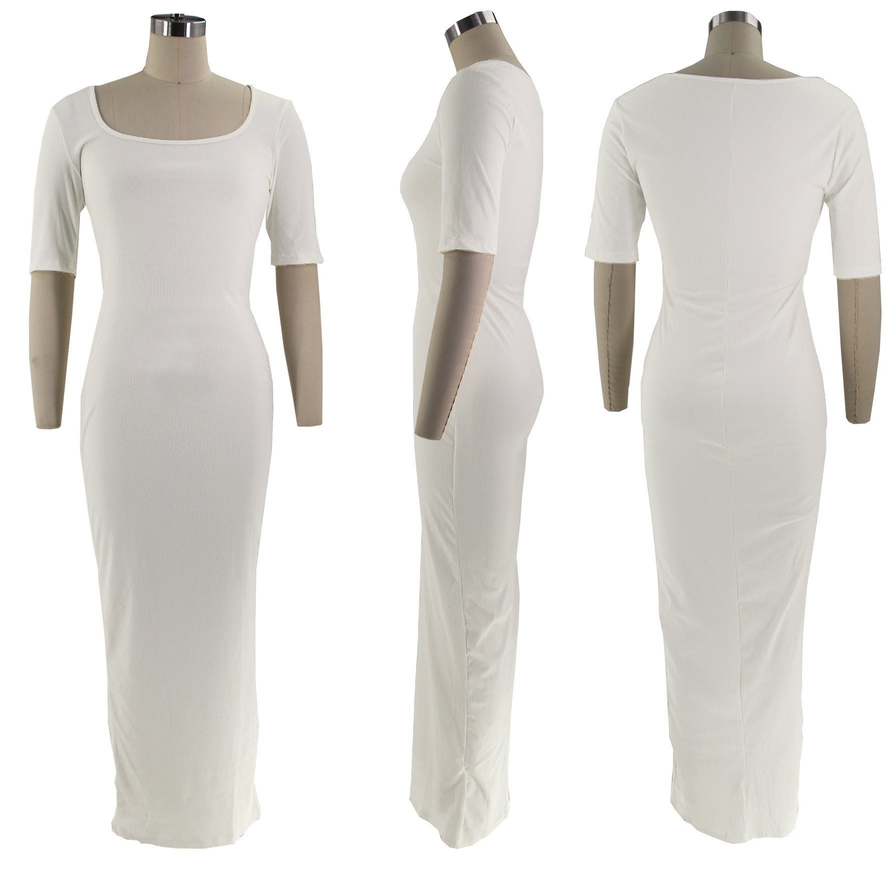 Women U-neck Short Sleeve Solid Ribbed Maxi Dress 8