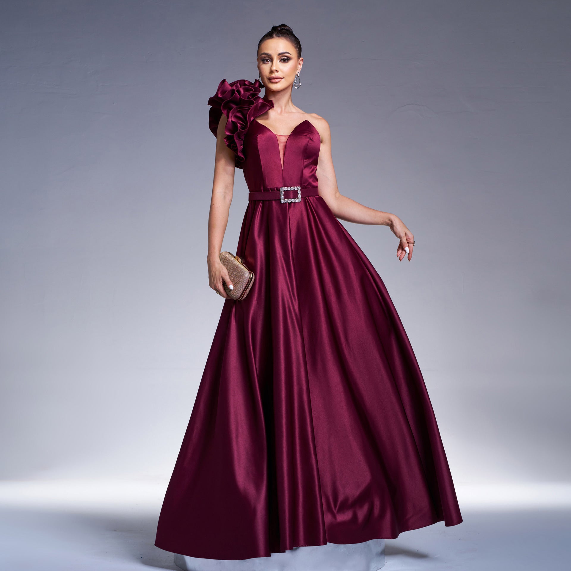 Chic One Shoulder Slash Shoulder Formal Party Slim Waist Evening Dress Women Bridesmaid Gown 7