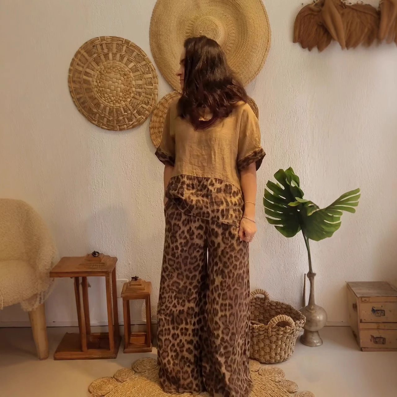 Women's Fashion Loose Patchwork Short-Sleeve Top & High-Waist Wide-Leg Pants Set