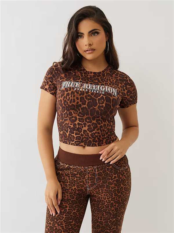 Women Leopard Print Casual Short-Sleeved Top and Bell Bottom Pant Two-Piece Set 4