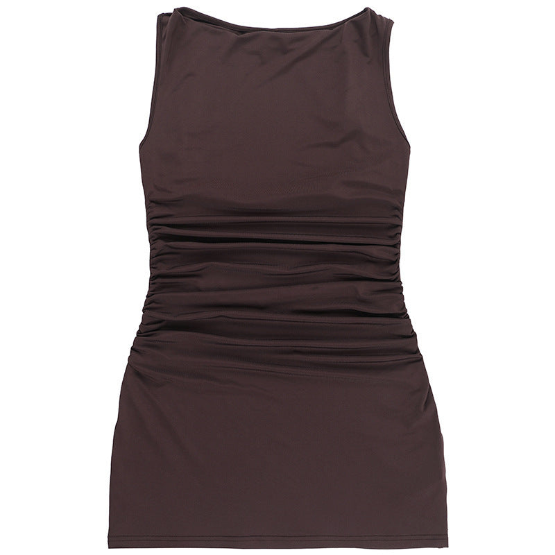 Women Round Neck Gathered Sexy Backless Bodycon Dress 10