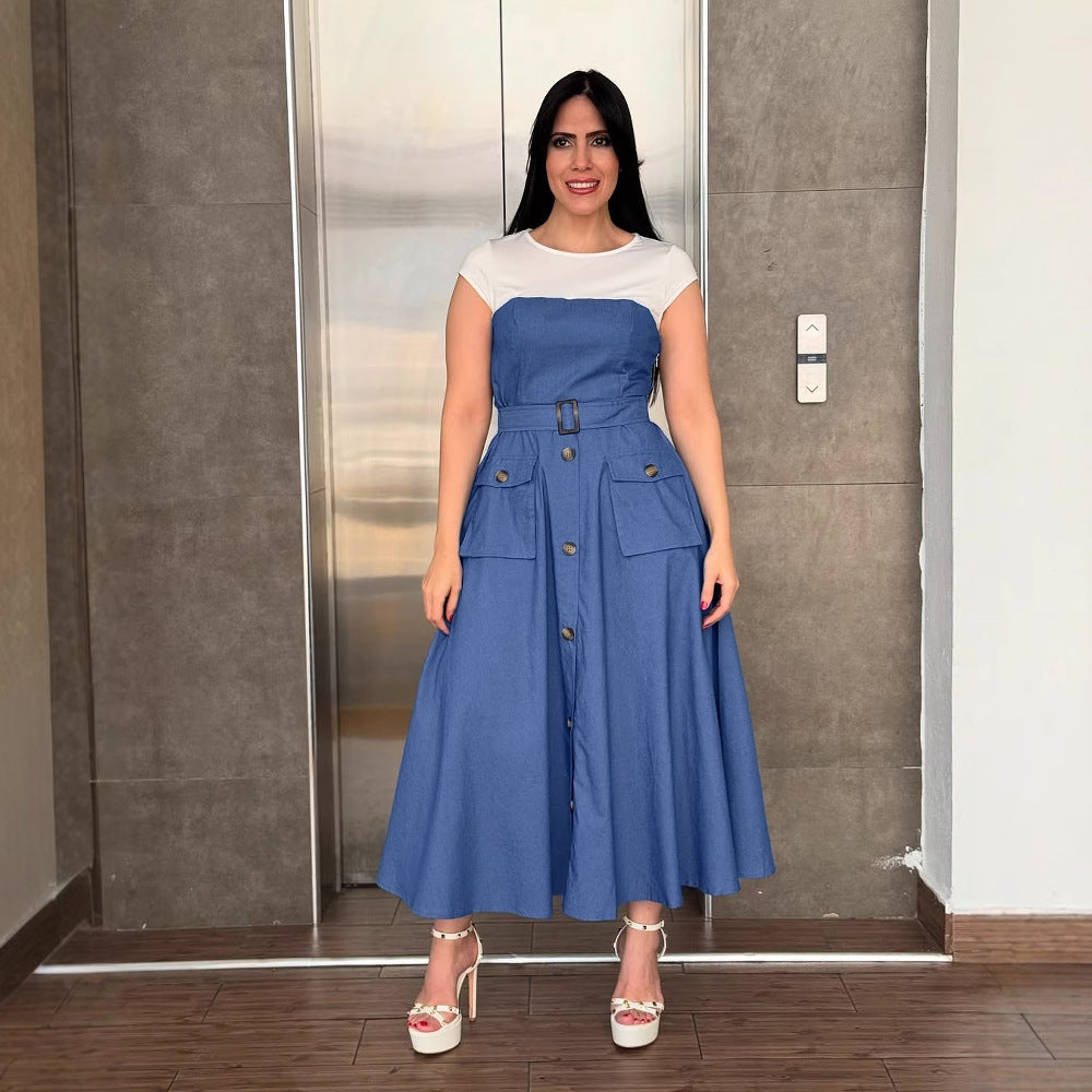 Elegant Career Denim Patchwork Contrast Color Pocket A-Line Dress