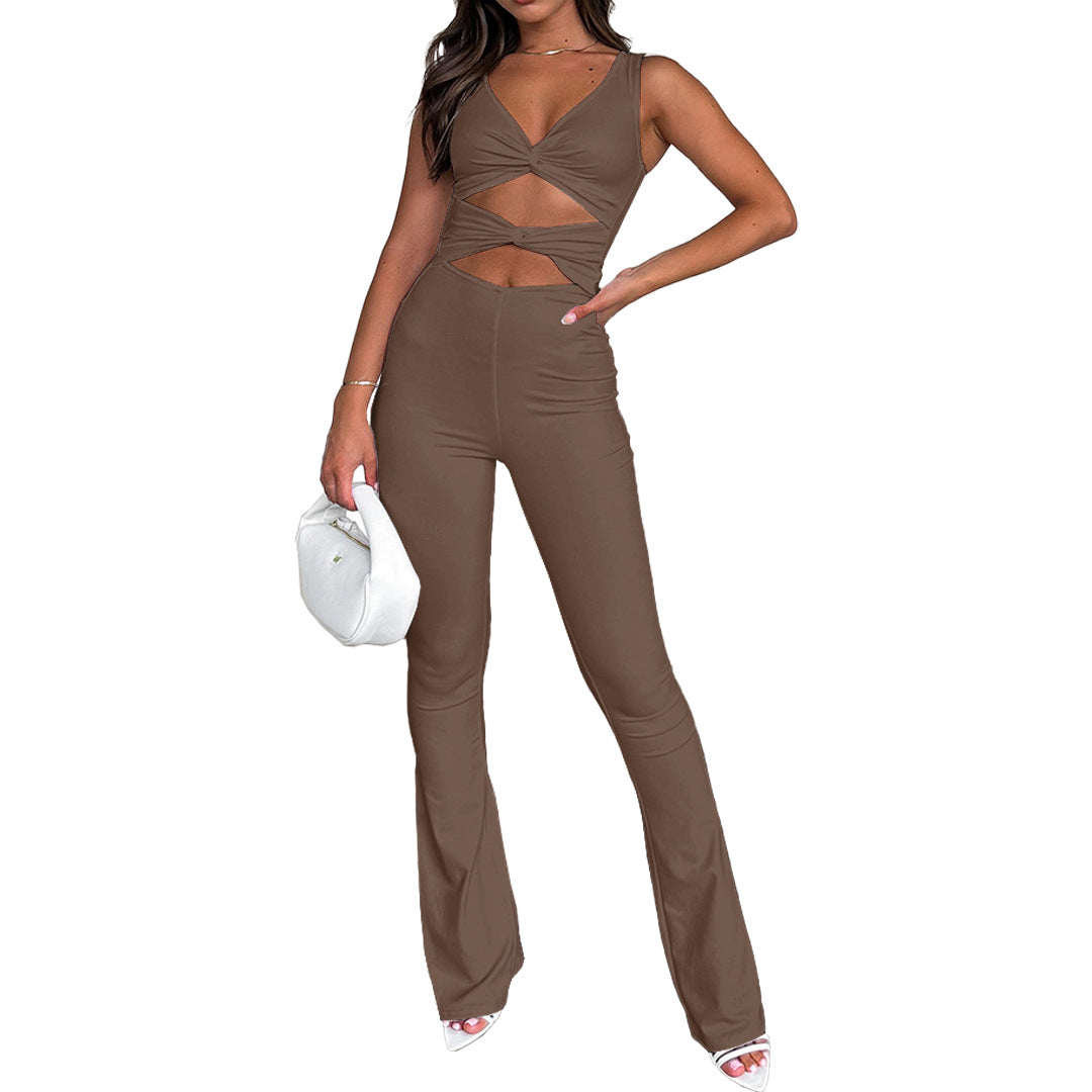 Women Solid Color Slim Cut Out Knot Bell Bottom Jumpsuit 11