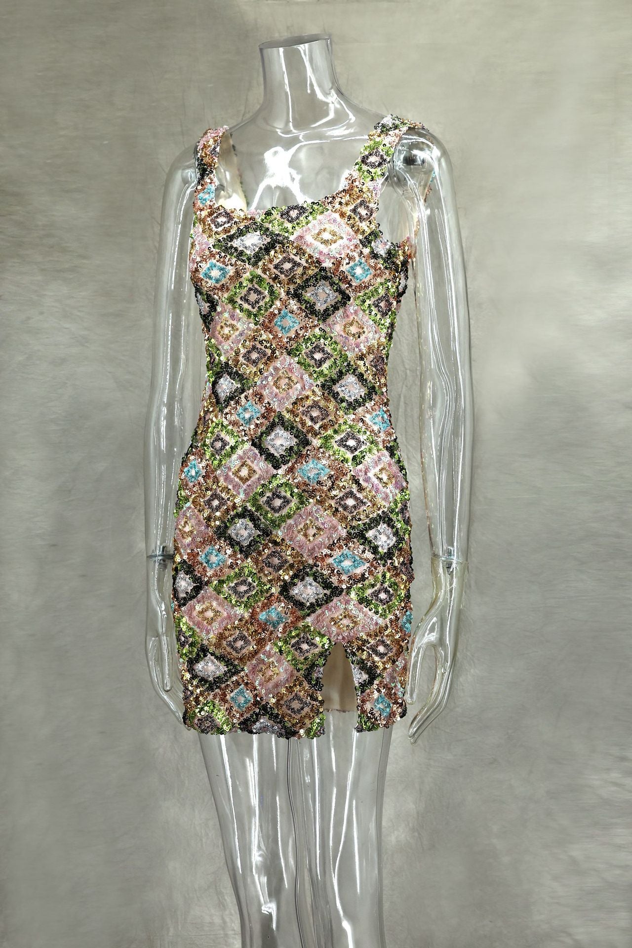 Spring Summer Multi-Color Flower Diamond Plaid Sequin Slit Bodycon Sexy Dress 15