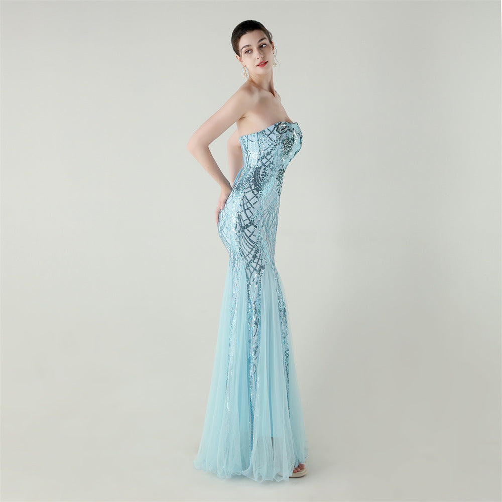 Women Strapless cross Lace-Up sequined tube flower sequined mesh evening dress Formal Party evening dress 76