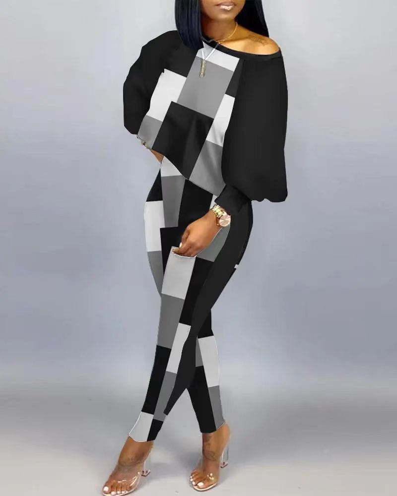 Women Long Sleeve Round Neck Print Off Shoulder Top and Pant Casual Two Piece Set 24