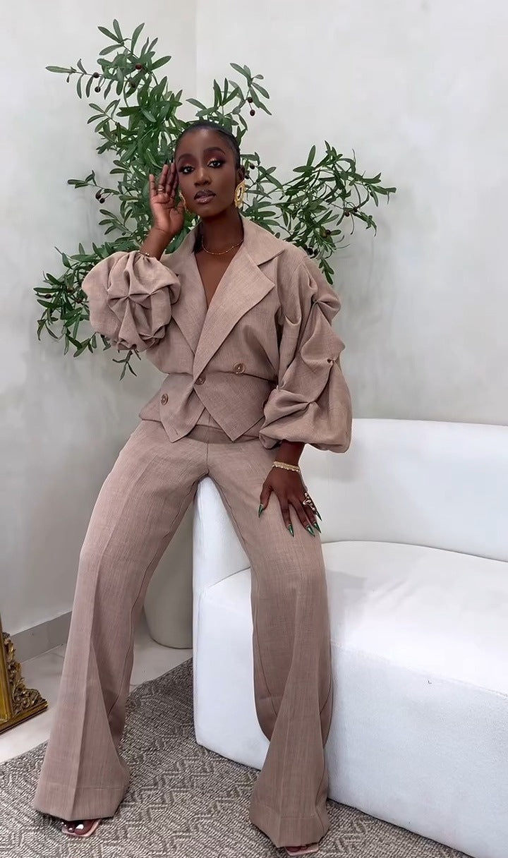 Career Casual Turndown Collar Pleated Sleeve Wide-Leg Pants Set 7