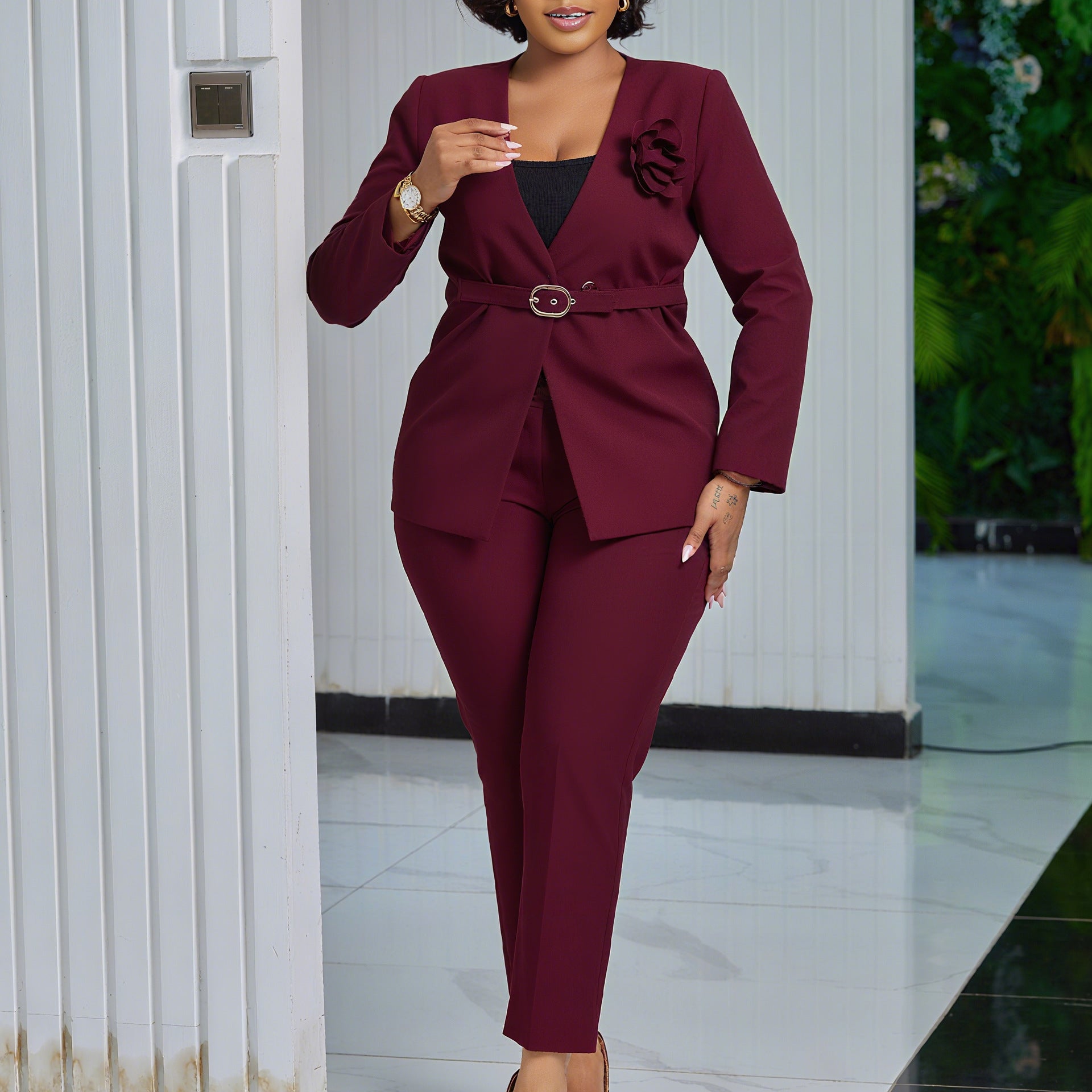 African Women Fall/Winter Solid Blazer Two-Piece Set 4