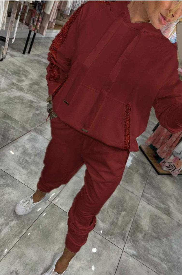 Women Casual Solid Patchwork Sequin Hoodies and Pant Two Piece Set 6