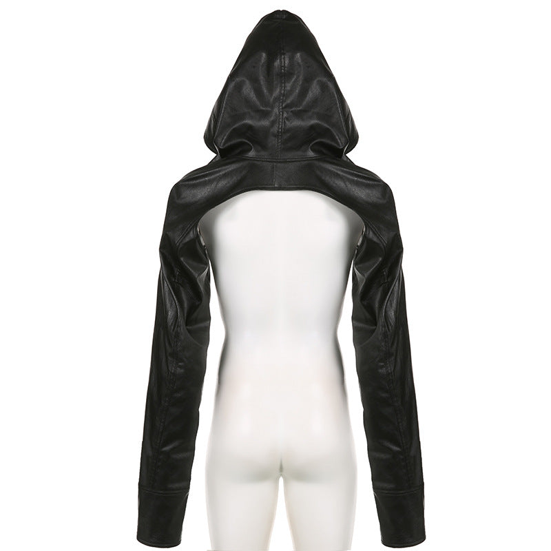 Hip-Hop Street Trendy Hooded Ultra-Short Leather Long-Sleeved Pure Black Jacket 12