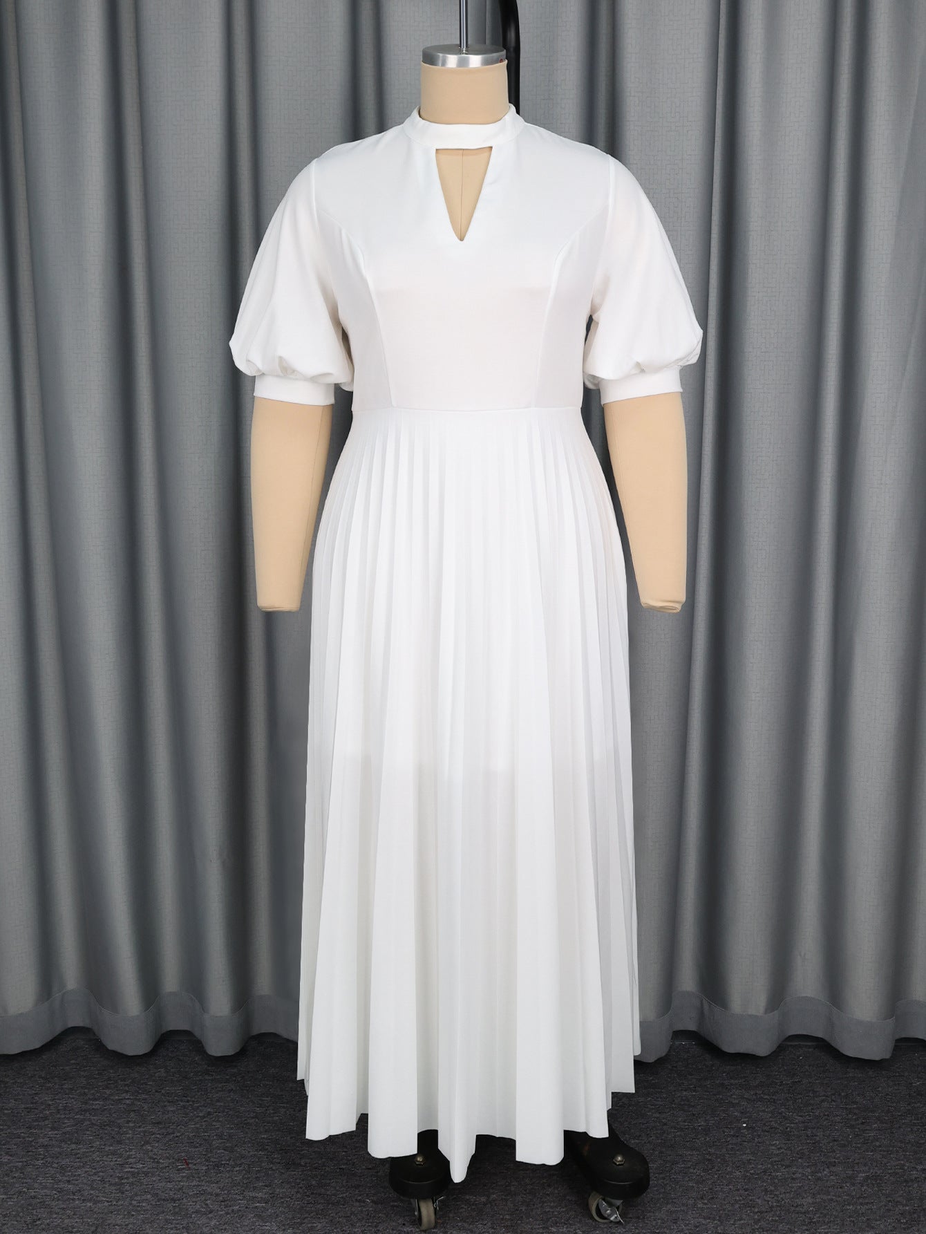 Plus-Size Women Half-Tall Neck Hollow Puff Short-Sleeved Party Pleated Dress 8