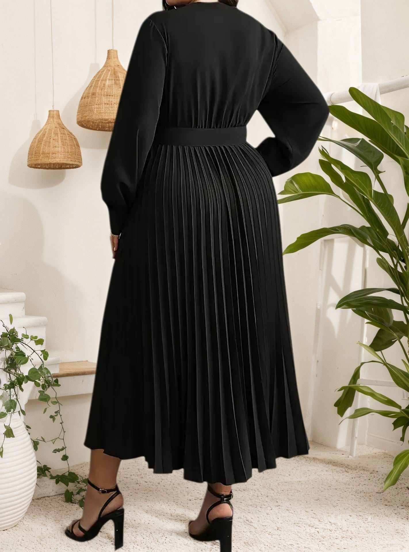 Women's Autumn Winter V-Neck Flare Plus Size Fashion Casual Belt Slim Waist Pleated Dress 3