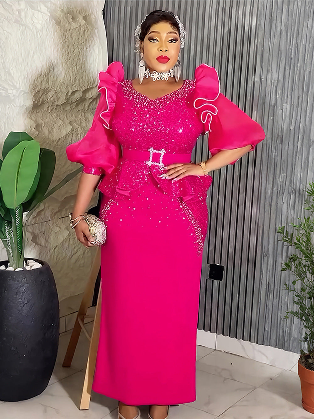 African Plus Size Women's Fashion Puff Sleeve Party Dress Beaded Sequin High Waist Gown 6