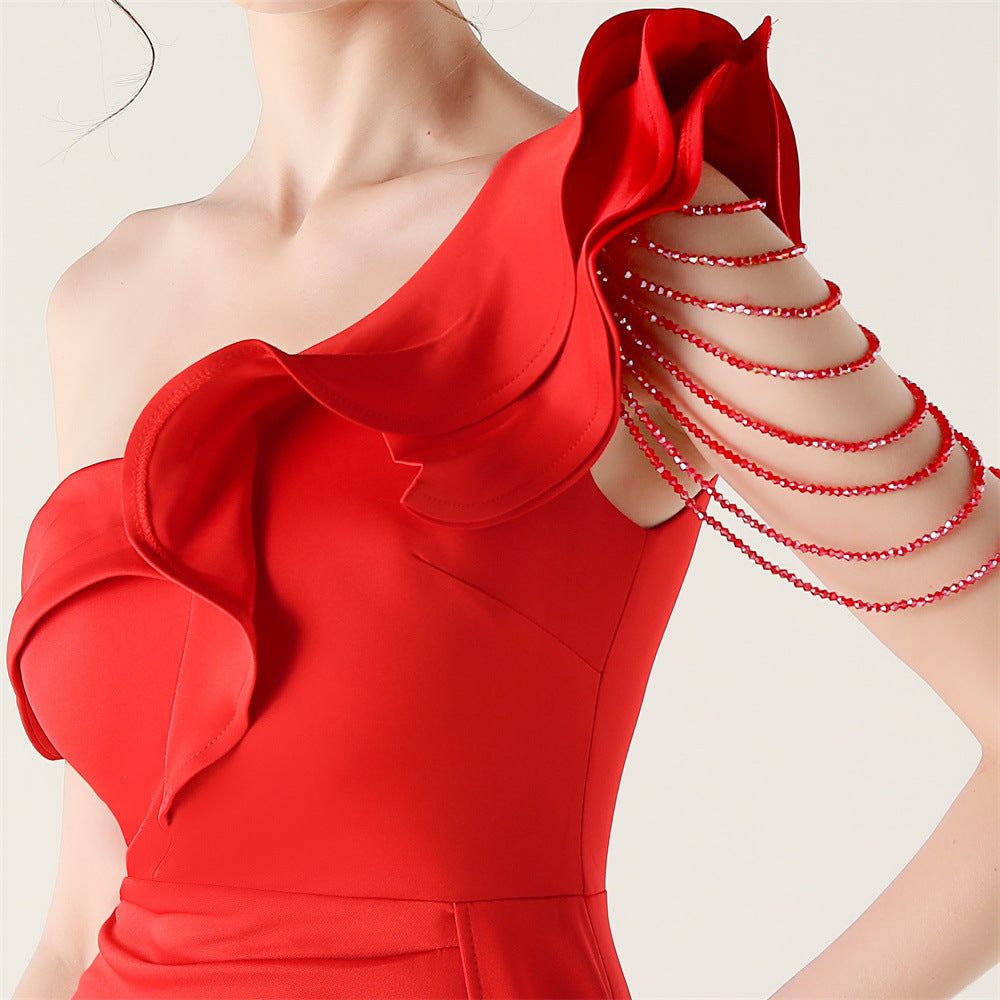 Women pleated one-shoulder beaded ruffle fishtail formal party evening dress 24