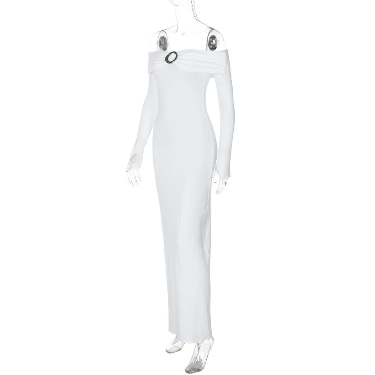 Women's autumn sexy Off Shoulder long sleeve solid color slit long dress 10