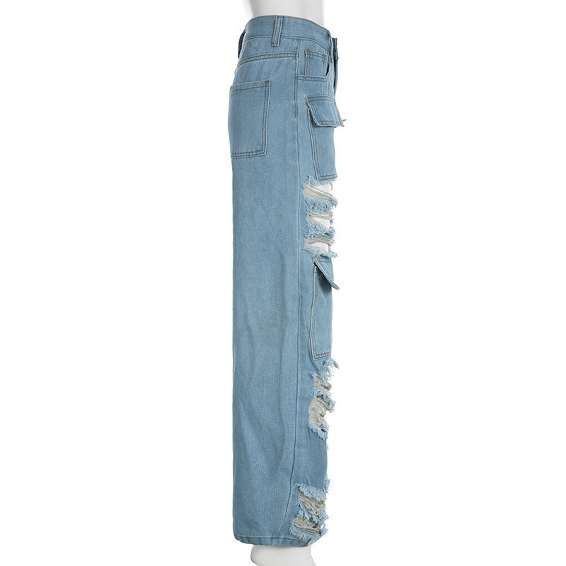 Street Ripped Pocket Patchwork Denim Straight-Leg Pants 8