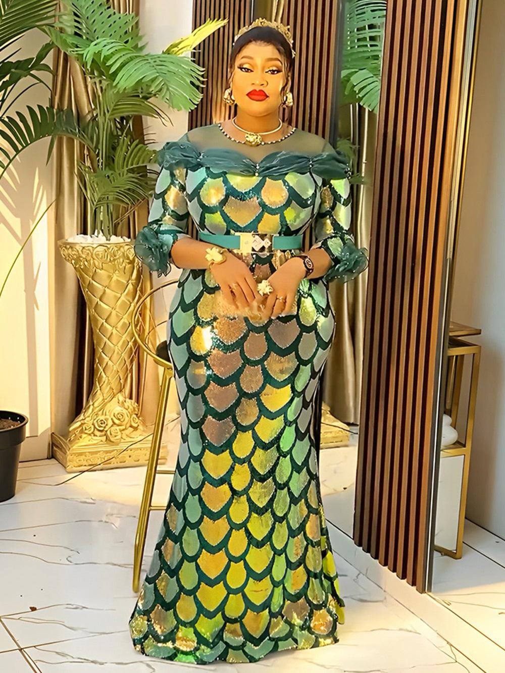 Plus Size Women Sequin Party Fishtail Dress 3