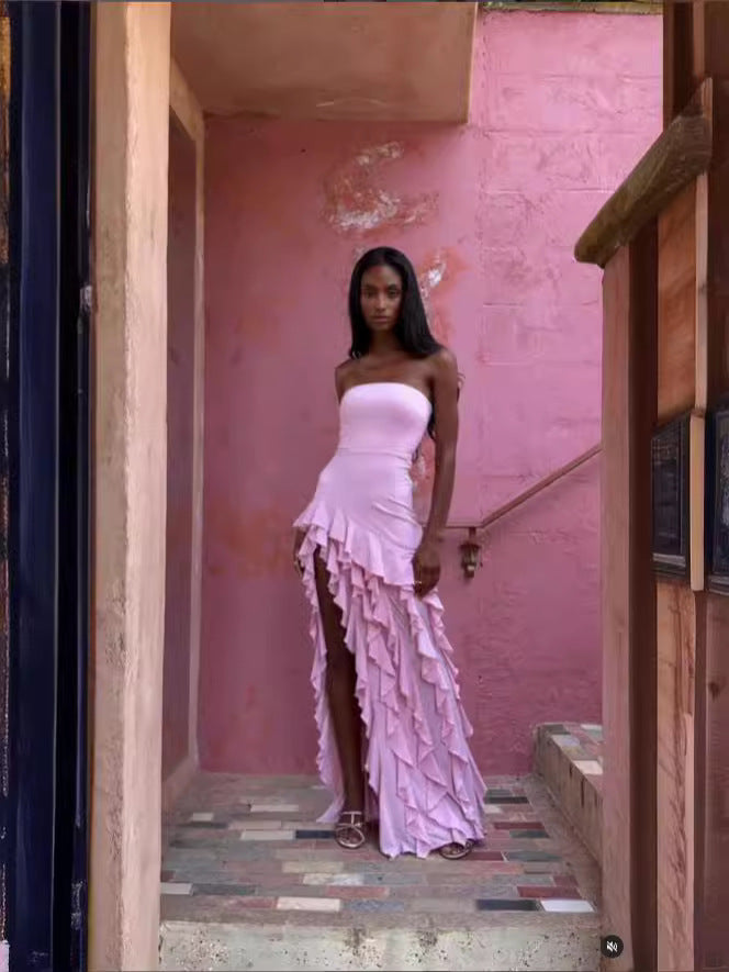 Summer Strapless Ruffle Solid Color Side Slit Chic Dress 5