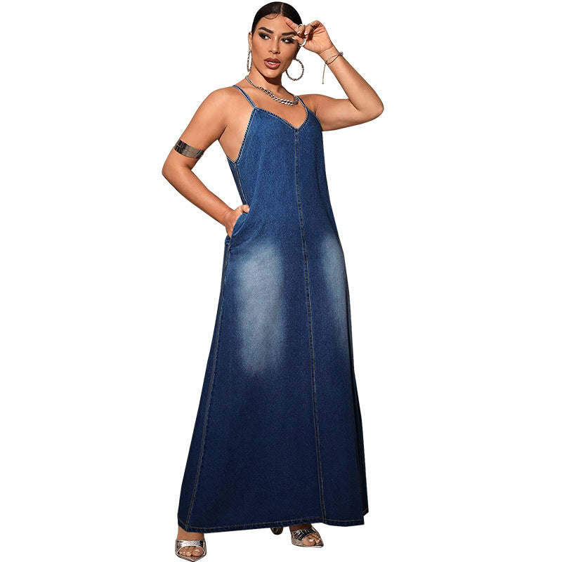 Women's Denim Strap Casual Long Dress 5
