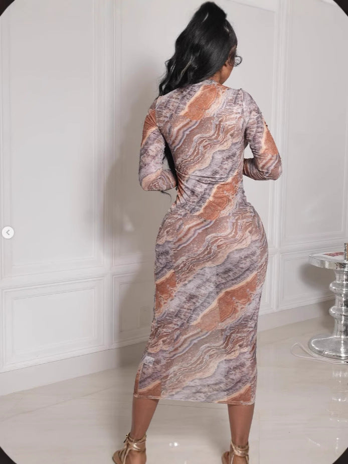 Spring Summer Mesh See-Through Sexy Printed Long-Sleeve Nightclub Dress