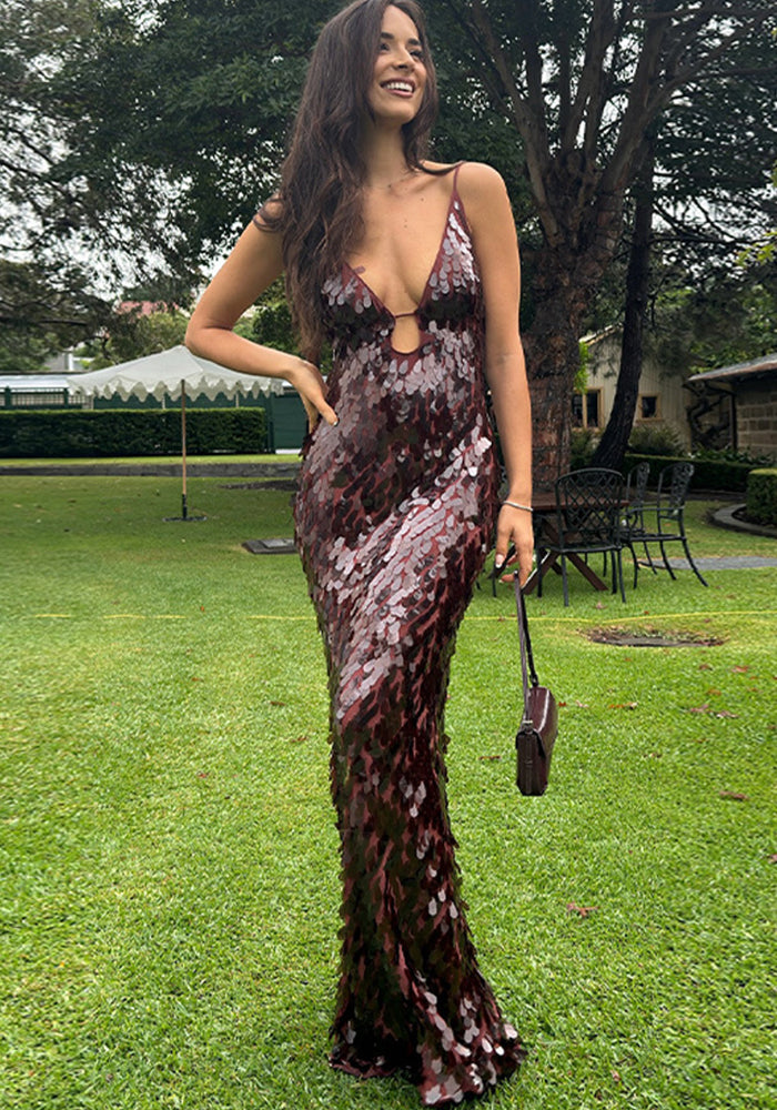 Women New Sexy Irregular Sequin Halter Neck V-Neck Maxi Dress