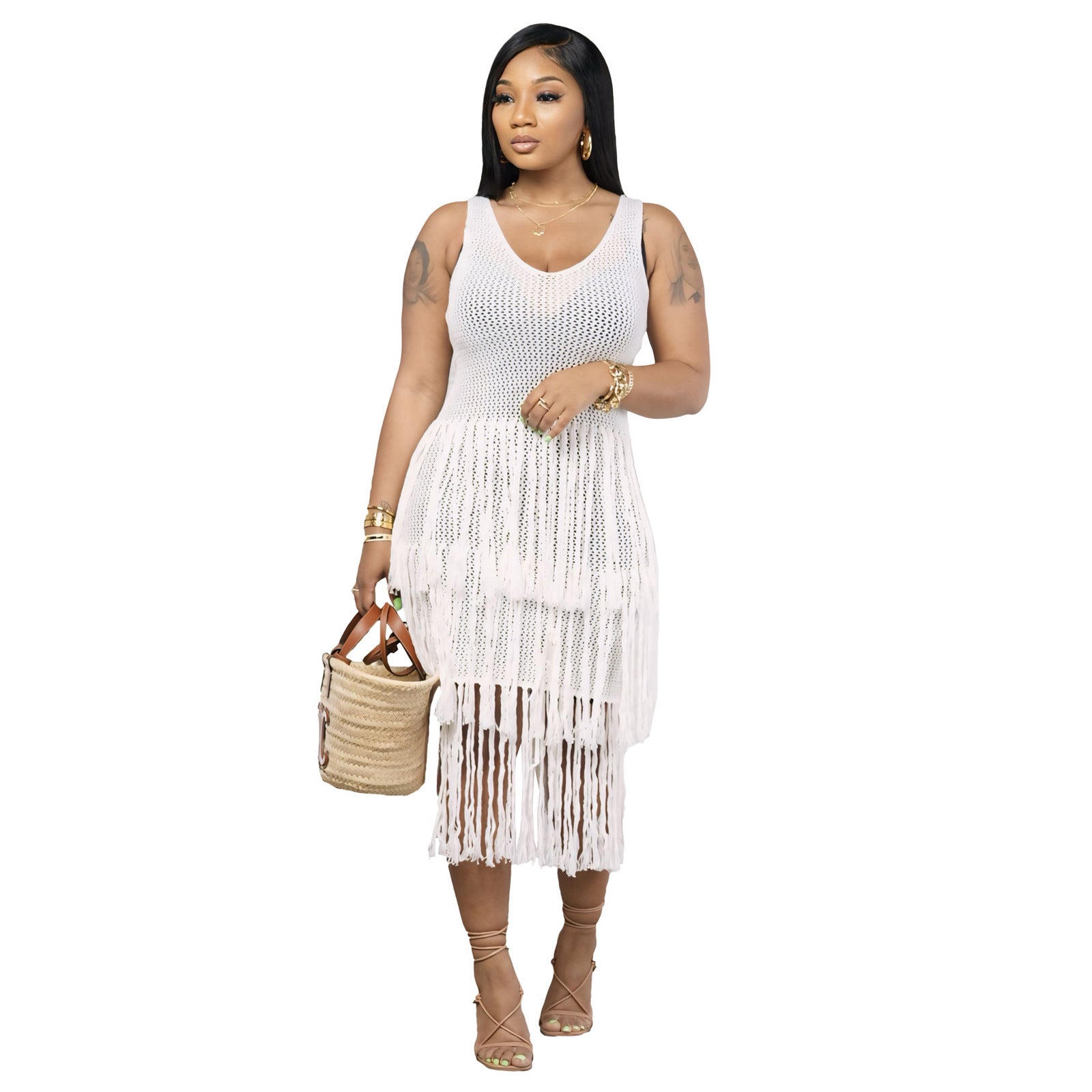 Women Casual Round Neck Sleeveless knitting Mesh Tassel See-Through Dress 5