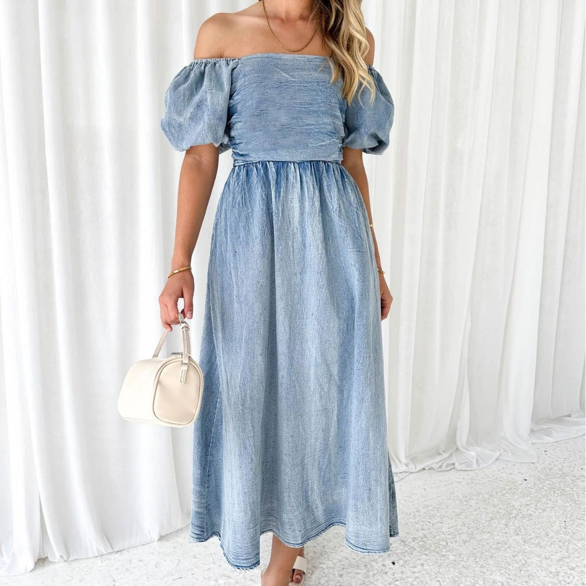 Summer Chic Elegant Puff Sleeve Slim Waist Denim Long Dress 5