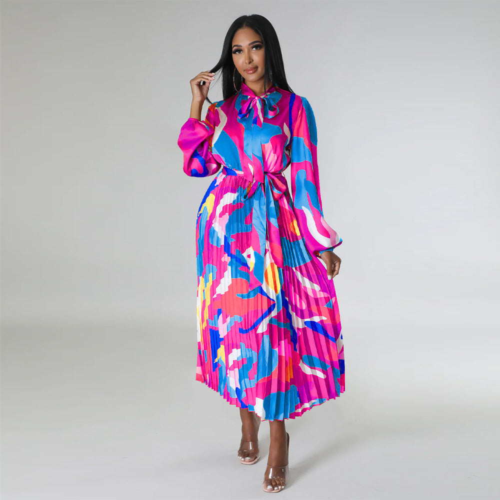 Women's Tie Long Sleeve Printed Pleated Dress 14