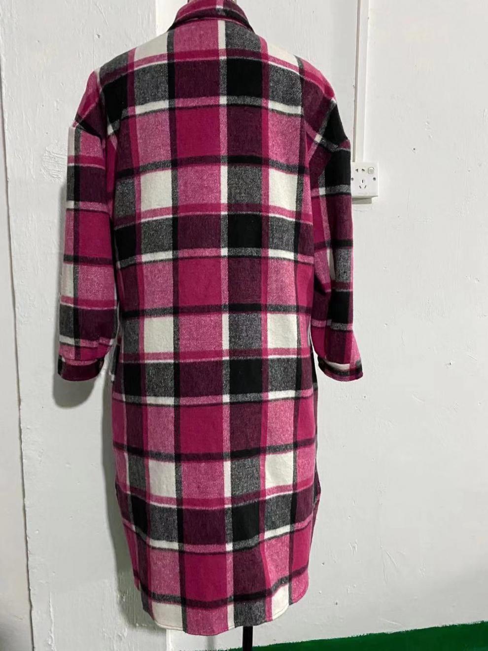 Autumn And Winter Chic Windbreaker Coat Side Slit Turndown Collar Loose Plaid Shirt Jacket 21
