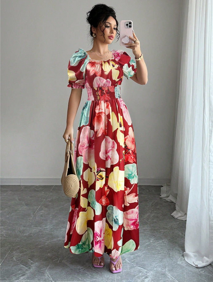 Women Summer Puff-Sleeve Printed Strap Dress 3