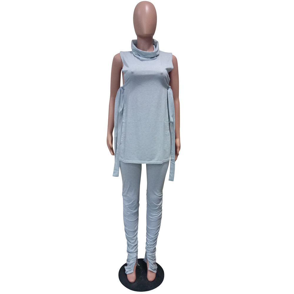 Women's Spring Summer Fashion Sexy Solid Side Lace-Up Two-Piece Pants Set 5