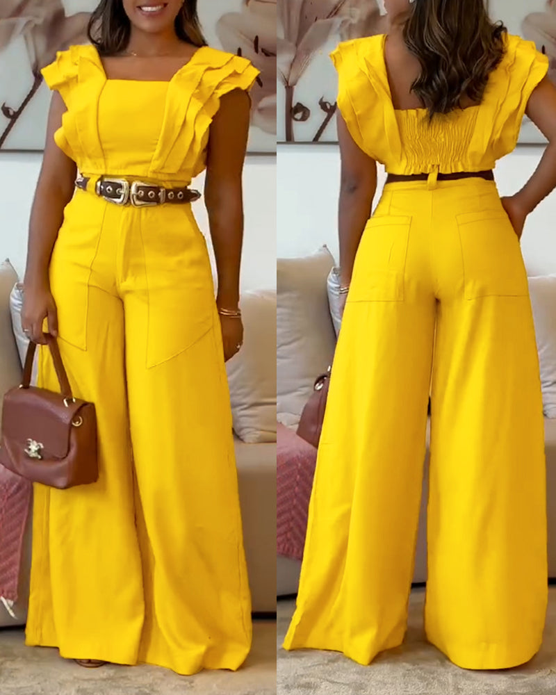 Women's flying sleeve slim waist top high waist A-line wide-leg pants Two Piece Set 3