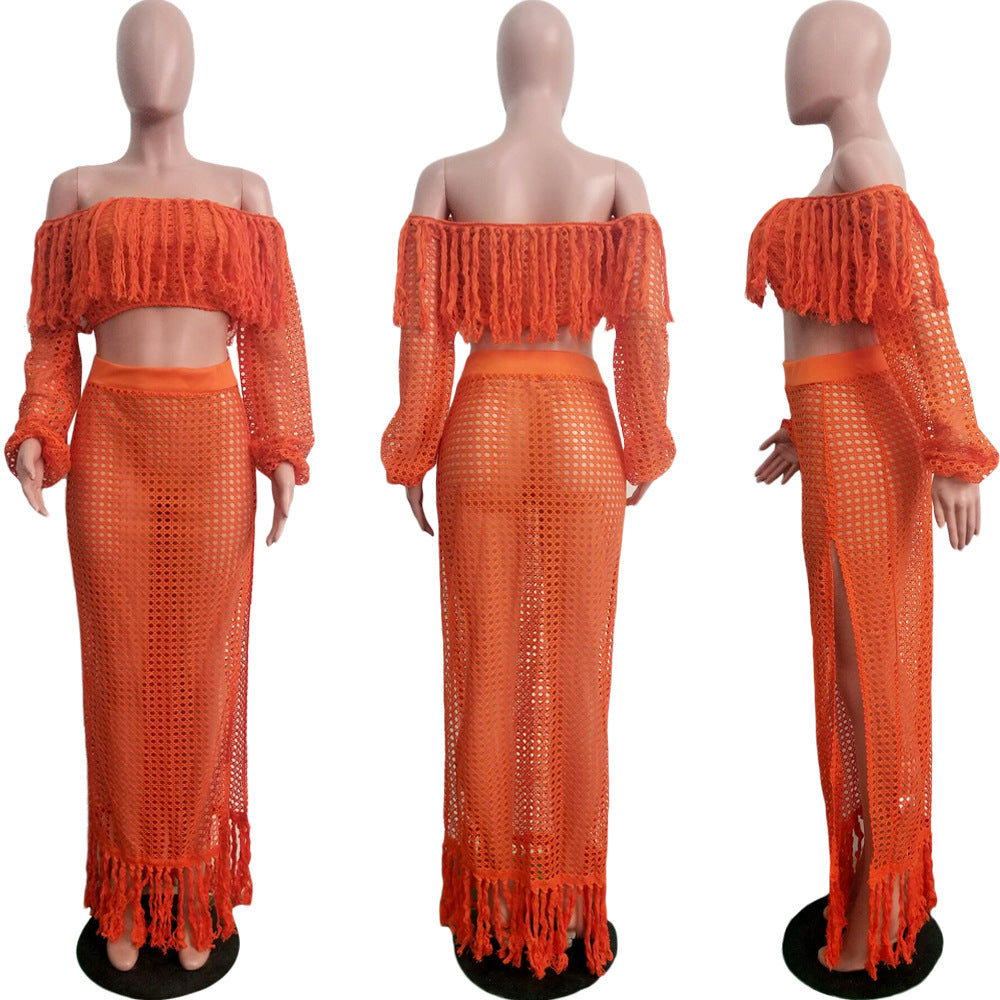 Summer Hollow Sexy Fashion Mesh Tassel See-Through Two-Piece Skirt Set 21