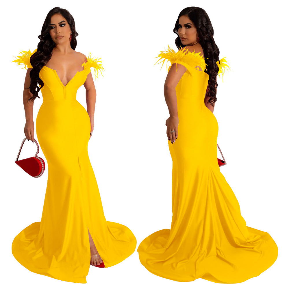 Women solid color v-neck sleeveless slit mermaid dress evening dress 6